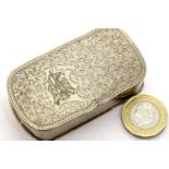 Victorian hallmarked silver table snuff, with engraved detail to base and hinged cover, Birmingham