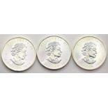 Three 999 Silver 5 dollar Canada Maple Leaf coins 2014. P&P Group 1 (£14+VAT for the first lot