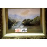 Unattributed Victorian gouache on paper of a waterfall scene set in an ornate period gilt frame,