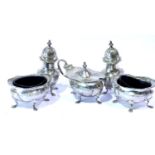 George V hallmarked silver five piece cruet, comprising a pair of open salts each with Bristol