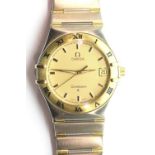 Omega Constellation 34mm wristwatch, 18K on a stainless steel bar bracelet. Bracelet: 17.5 mm, L: