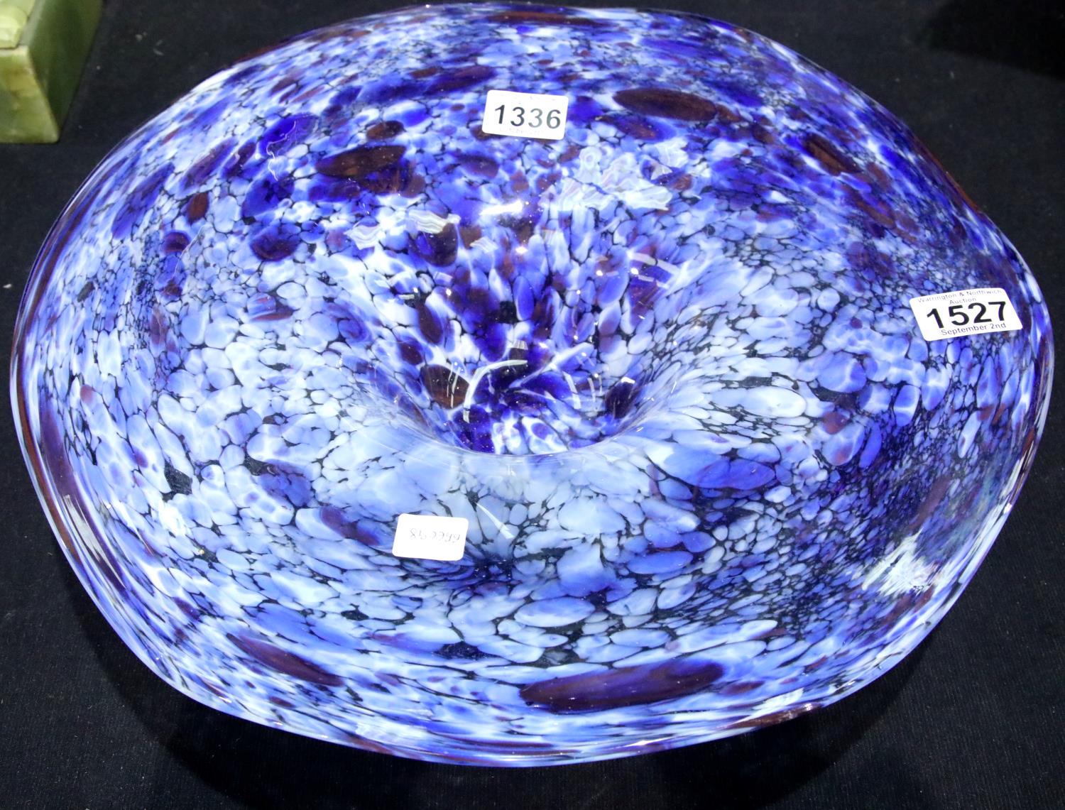 A large mottled blue glass centre bowl, possibly Murano, D: 42 cm. Not available for in-house P&P