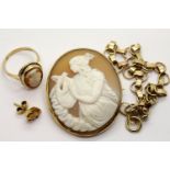 Boxed yellow metal cameo brooch, a 9ct gold cameo ring and earring 3.2g, a 9ct gold bracelet 5.6g.