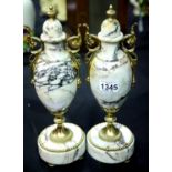 Pair of 19th century veined white marble ormolu mounted garnitures of urn form, H: 35 cm. P&P