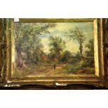 Unsigned gilt framed oil on board of a country road, 41 x 30 cm. P&P Group 2 (£18+VAT for the