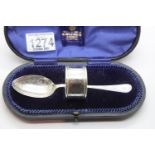 Hallmarked silver spoon and napkin ring in fitted case, 34g. P&P Group 1 (£14+VAT for the first