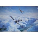 After Robert Taylor, Spitfire print signed by Douglas Bader and Johnnie Johnson, 33 x 46 cm. Not