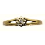 9ct gold illusion set diamond set solitaire ring, size K, 1.3g. P&P Group 1 (£14+VAT for the first