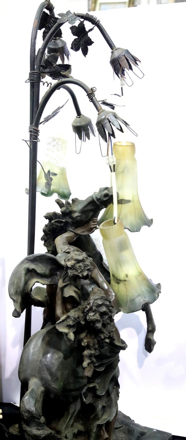 Large bronzed figural table lamp (damage to shades), H: 87 cm. Not available for in-house P&P.