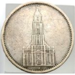 1934 - Silver 5 Reichsmark (Germany) - Potsdam garrison. P&P Group 1 (£14+VAT for the first lot