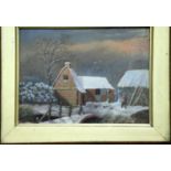 Oak and gilt framed Dutch oil on board, winter farm scene, 23 x 18 cm. P&P Group 2 (£18+VAT for