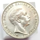 1909 - Kaiser Wilhelm II - Silver 3 Marks - Prussia. P&P Group 1 (£14+VAT for the first lot and £1+