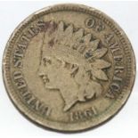 1861 USA 1 Cent coin. P&P Group 1 (£14+VAT for the first lot and £1+VAT for subsequent lots)