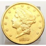 American 1880 Gold San Francisco mint 20 Dollar coin with fine definition. P&P Group 2 (£18+VAT