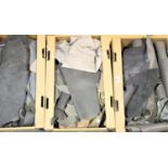 Three boxes of grey leather pieces. Not available for in-house P&P