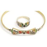 Clarice Cliff Bradford Exchange bracelet and ring set, 18k gold plate on silver, ring size M/N,