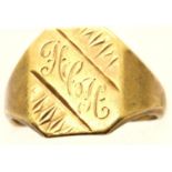 9ct gold signet ring with initials HGE, 4.8g, size R/S. P&P Group 1 (£14+VAT for the first lot