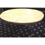 Louis XVI style brass mounted oval table with marble top, L: 110 cm, one leg requires repair. Not