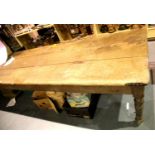 Victorian long pine three plank bakers table on four turned supports, 111 x 397 x 74 cm. Not