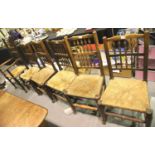 Set of six rush seated spindle back oak chairs (5+1). Not available for in-house P&P