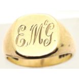 9ct gold signet ring, initials E McG, size V, 8.8g. P&P Group 1 (£14+VAT for the first lot and £1+