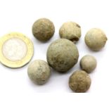 Seven Civil War musket balls, various calibres from rifle to pistol ; 1 ball with impact damage -