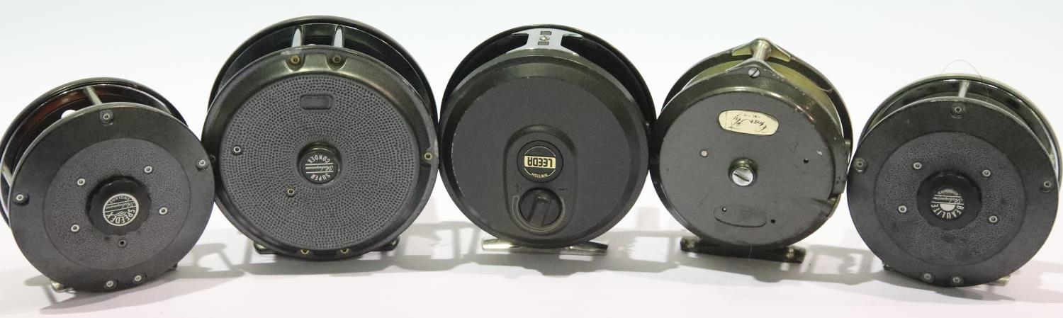 Five mixed fly fishing reels including Leeda and Speedex. P&P Group 2 (£18+VAT for the first lot and