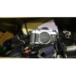 Collection of mixed cameras including Canon, Pentax and some flashguns. P&P Group 3 (£25+VAT for the