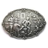 Silver Inn Scene ornate brooch, L: 6 cm. P&P Group 1 (£14+VAT for the first lot and £1+VAT for