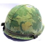 Vietnam War Era US M1 Helmet with reversible Mitch Cam cover and 1965 dated liner. P&P Group 2 (£