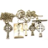 Hallmarked silver cross pendant and four 925 silver chains with pendants, total weight 39g. P&P