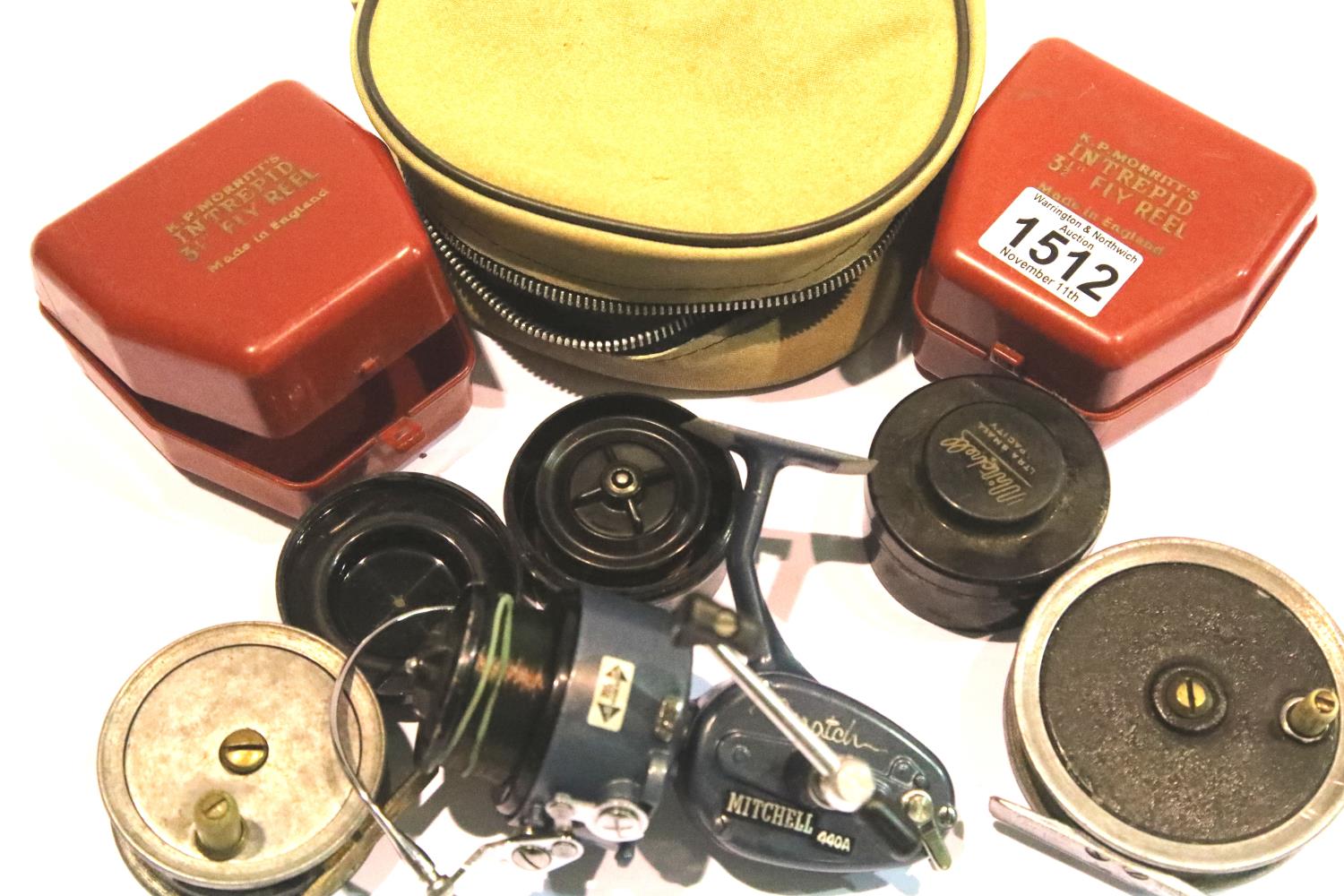 Two unnamed fly reels, two empty K D Merritts reel cases and a Mitchell 440A reel with two spare - Image 2 of 2