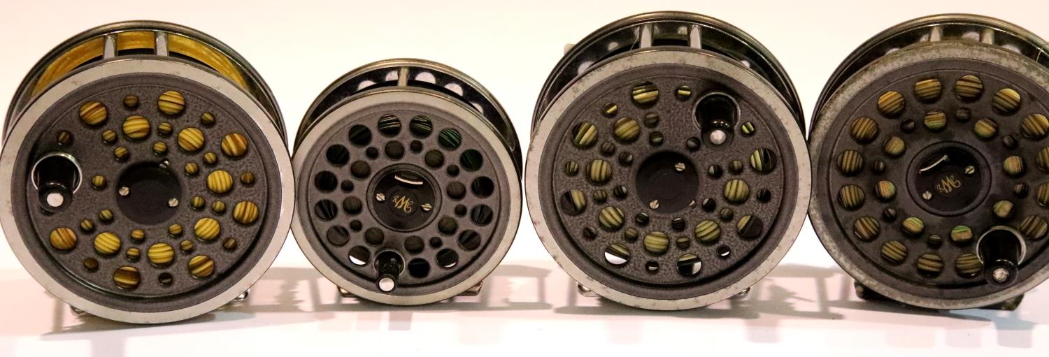 Four J W Young fly fishing reels. 1540 x 2, 1535 and 1530. P&P Group 2 (£18+VAT for the first lot - Image 2 of 2