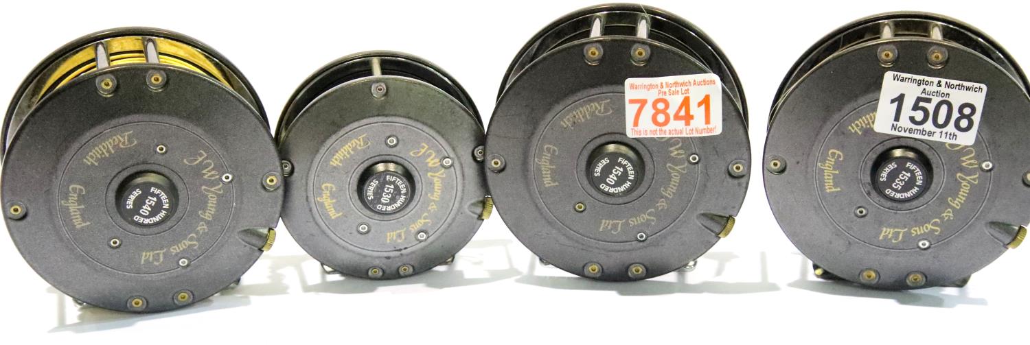 Four J W Young fly fishing reels. 1540 x 2, 1535 and 1530. P&P Group 2 (£18+VAT for the first lot