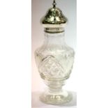 Cut glass silver topped sugar castor hallmarked Birmingham 1912, H: 20 cm, W; 8 cm. P&P Group 2 (£