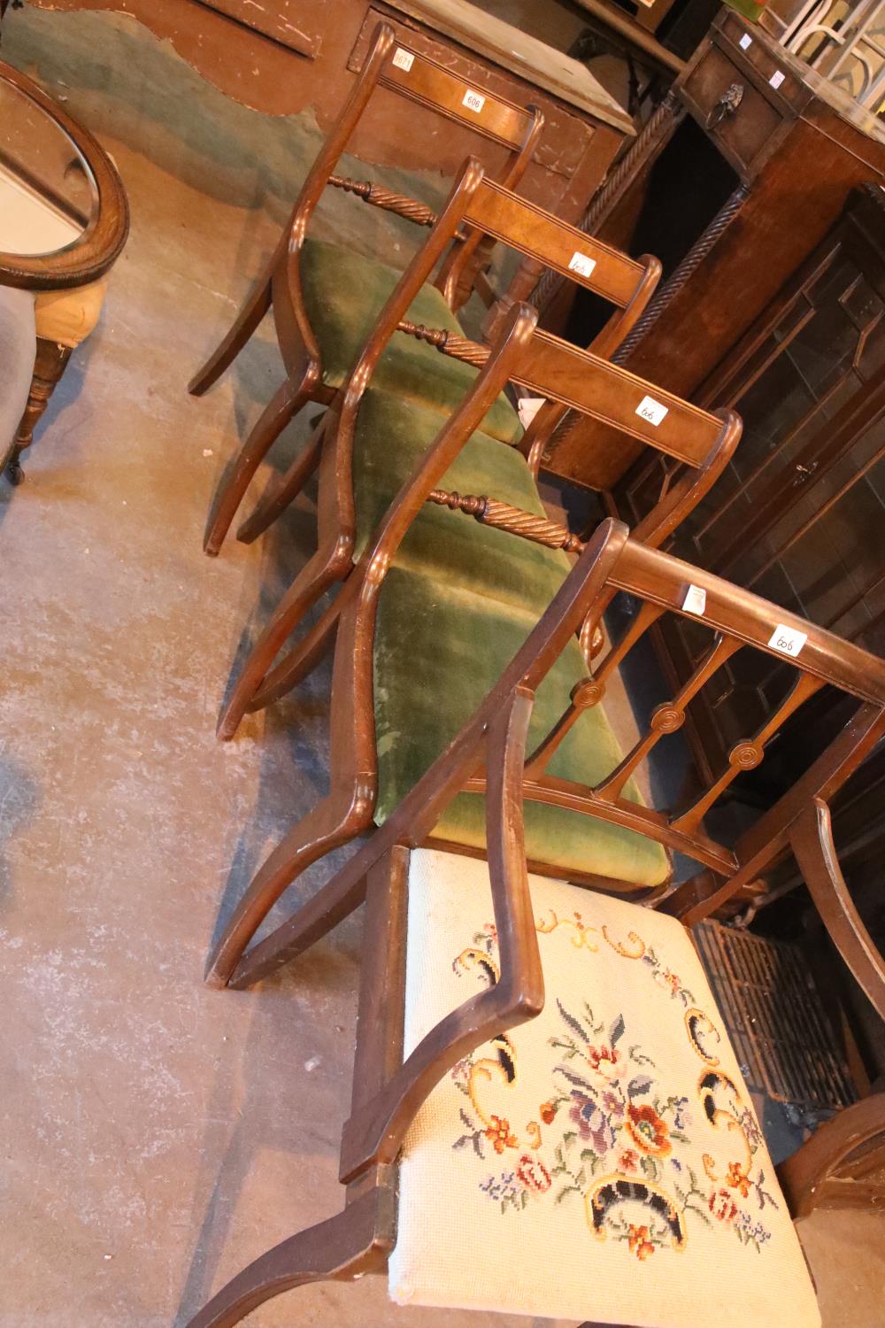 Three Regency style dining chairs and a further example. Not available for in-house P&P