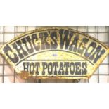 Chucks Wagon Hot Potatoes tin sign, 80 x 38 cm. Not available for in-house P&P