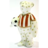 Royal Crown Derby football bear, H: 9 cm. P&P Group 1 (£14+VAT for the first lot and £1+VAT for