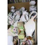 Box of mixed ceramics including Oriental, Egyptian and dog figurines. Not available for in-house P&P