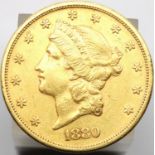 American 1880 Gold San Francisco mint 20 Dollar coin with fine definition. P&P Group 2 (£18+VAT