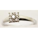 9ct white gold, diamond cluster engagement ring, size Q, 2.5g. P&P Group 1 (£14+VAT for the first