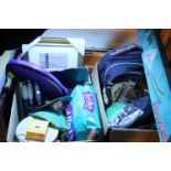 Two boxes of mixed household items including backpacks, knives etc. Not available for in-house P&P