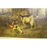 Unsigned gilt framed oil on canvas of a farmyard goat and chickens, 50 x 70 cm. Not available for