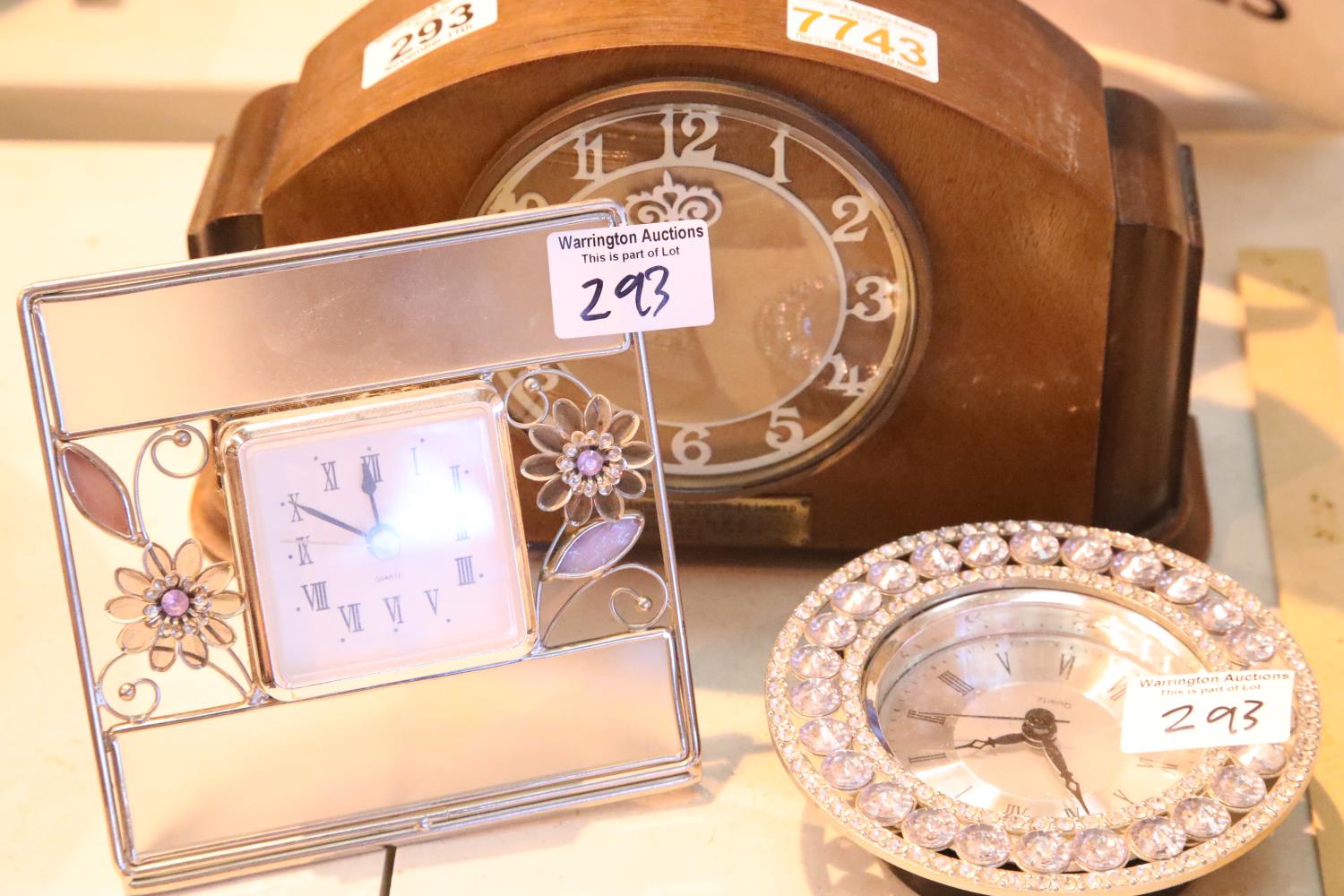 Oak cased mantel clock and two other clocks. Not available for in-house P&P