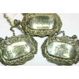 Three matched silver decanter labels, brandy, sherry and port, hallmarked for Birmingham. P&P