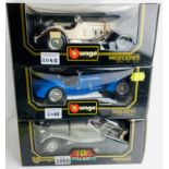 3x Burago 1:18 Cars - Jaguar SS100, Bugatti 59, Mercedes SSK -All Boxed. P&P Group 3 (£25+VAT for