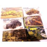 Six military related plastic kits, military wheels, VW type 93, Flak 38, ICM German radio vehicle