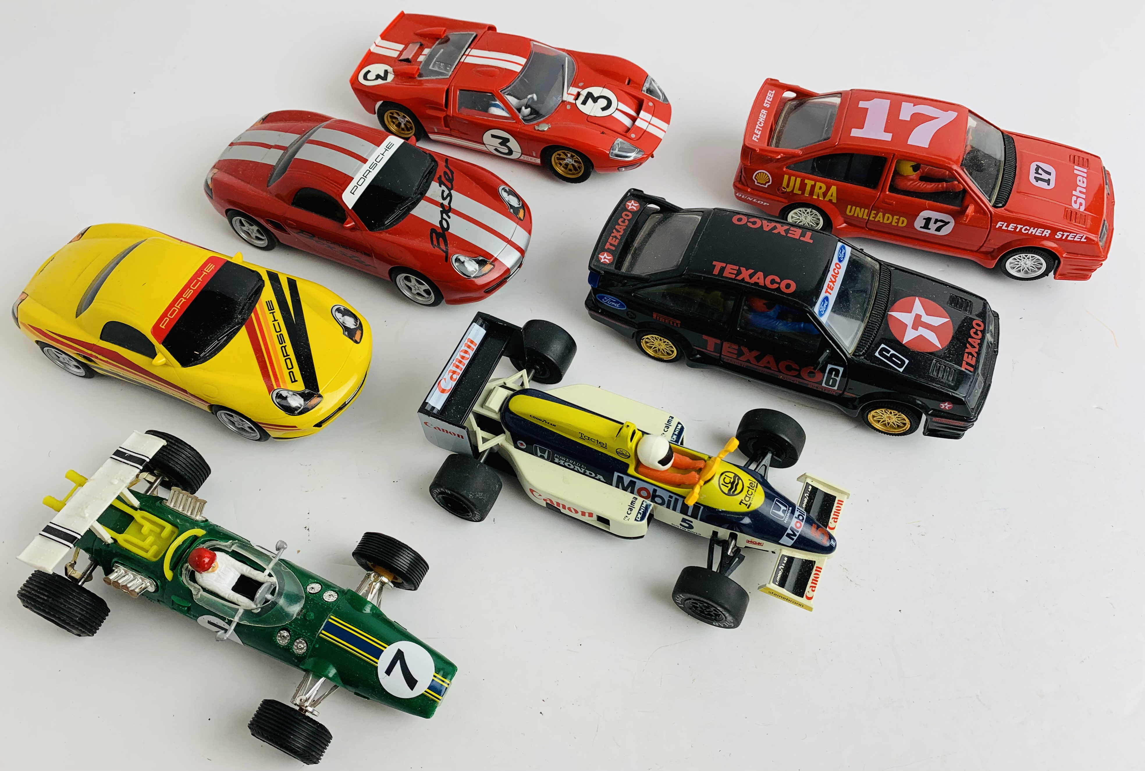 7x Scalextric Slot Cars Assorted - Porsche, Ford Sierra, F1 etc - Unboxed. P&P Group 2 (£18+VAT