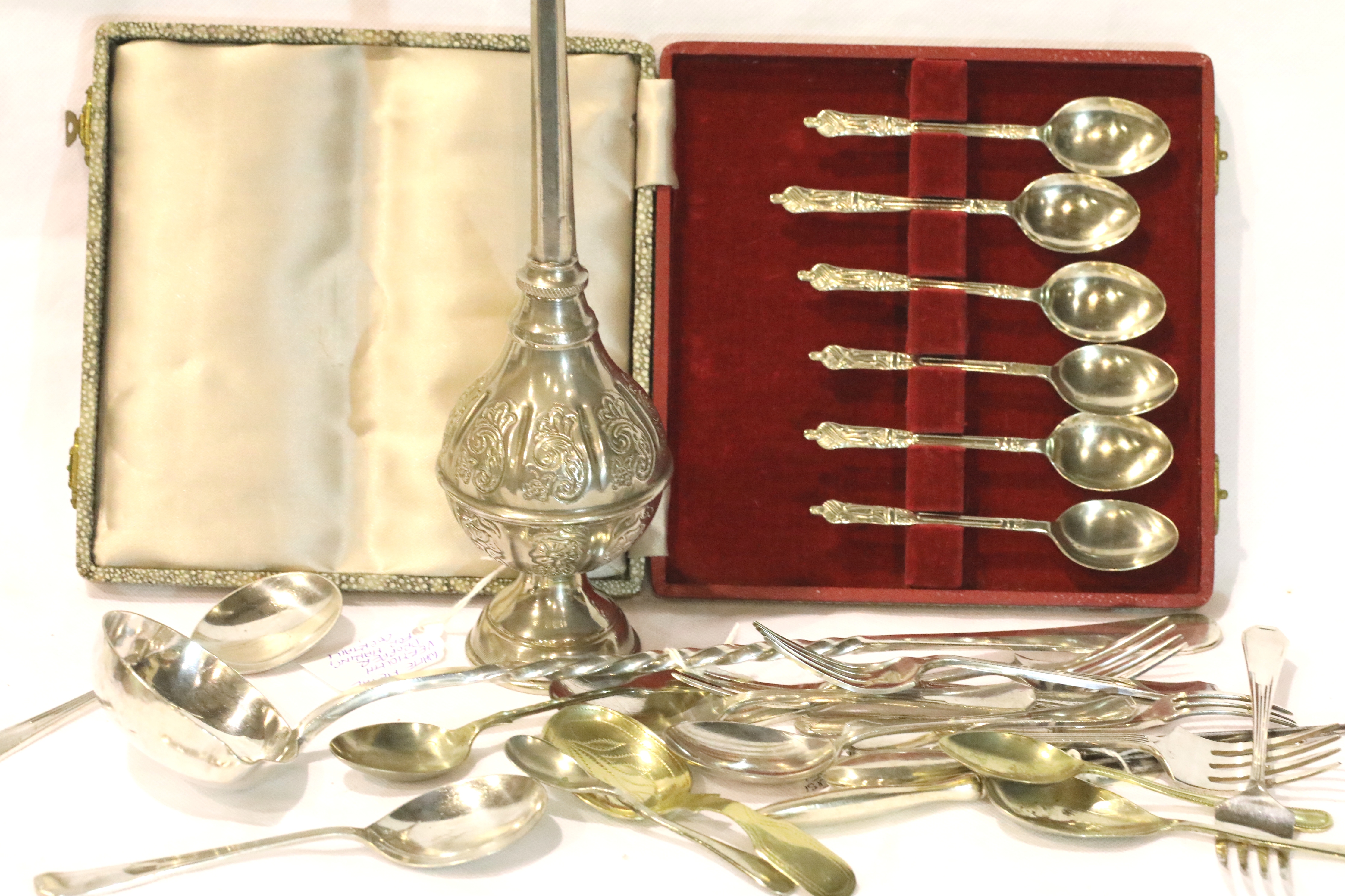 Quantity of silver plate and silver items including metal water dropper, white metal wrythen twist