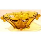 French Art Deco 1930s amber colour thick glass vase bowl decorated with geometric motifs and